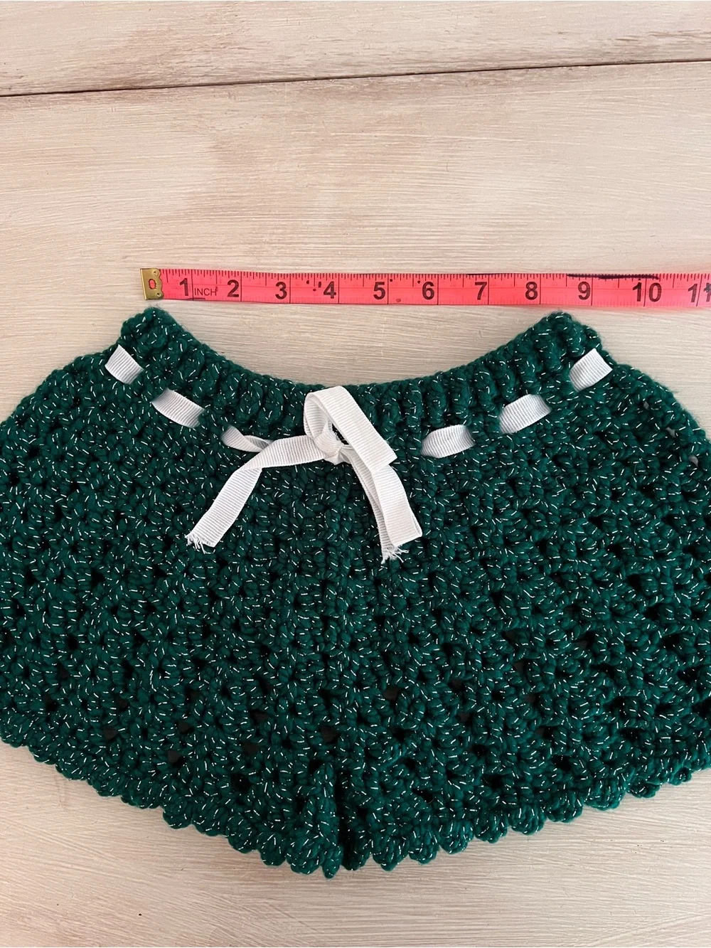 Hand-Crocheted Women’s Shorts in Deep Green with White Ribbon - Picture 3 of 6